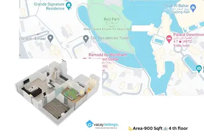 a floor plan of a condo with a map at Vacay lettings 1 bed close to down town Fountain View in Dubai
