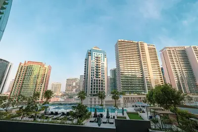 a view of a city skyline with tall buildings at Outstanding New Studio With 2 Double Beds,In Downtown in Dubai