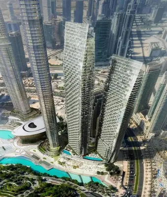 an aerial view of a city with tall buildings at ADDRESS Residences Dubai Opera at Downtown in Dubai
