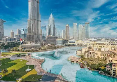 an aerial view of a city with tall buildings at DreamShoma-3BR Super Luxurious The Residence 5 Downtown in Dubai