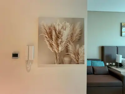a wall with a picture of feathers in a living room at Studio Apartment in Seven Palm with Beach Access in Dubai