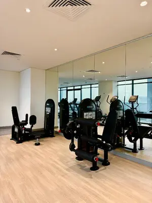 a gym with several treadmills and ellipticals in front of mirrors at 8min from Downtown in Dubai