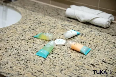 a group of toothbrushes on a counter in a bathroom at Private Beach - 1-BHK - Palm Jumeirah - Resort in Dubai