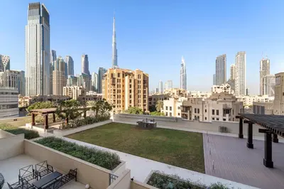 a view of the city from the roof of a building at 2BR plus Maid Bellevue Tower 1, Burj Khalifa View in Dubai