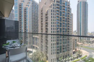 a balcony with a view of tall buildings at Frank Porter - Address Opera in Dubai