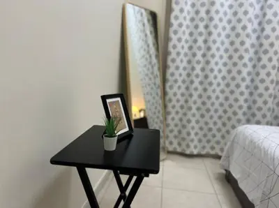 a black table with a picture and a plant on it at Decent Room with Balcony Near Mall of the Emirates in Dubai