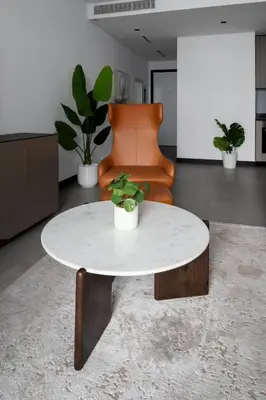 a table with a potted plant on it in a room at Waves - Spacious 2BR Apartment with Burj Views & Terrace in Dubai