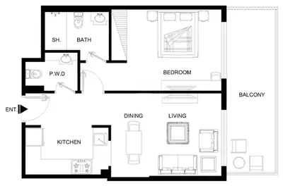 a black and white floor plan of a house at Bright 1BR with balcony in Binghatti Corner in Dubai