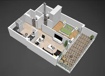 a rendering of a house with a floor plan at Bright 1BR with balcony in Binghatti Corner in Dubai
