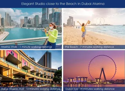 a collage of photos of the beach in dubai at Elegant Studio in Marina near Beach and Metro Z1113 in Dubai