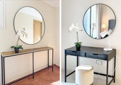 a bathroom with a black console table and a mirror at Cozy 1 Bedroom Apartment with Marina and Sea View Z1306 in Dubai