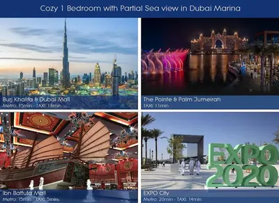 a collage of three pictures of a city with partial sea view in dubai at Cozy 1 Bedroom Apartment with Marina and Sea View Z1306 in Dubai