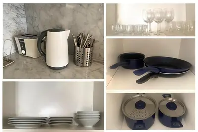 a collage of four pictures of plates and wine glasses at 1 Bedroom Apartment with Burj AlArab View from your Balcony R507 in Dubai