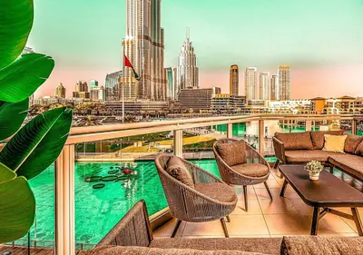 a balcony with a view of a city skyline at Elite Royal Apartment - Full Burj Khalifa & Fountain View - Largest Layout - Half Floor - Luxurious - Archon in Dubai