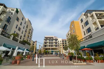 a view of a city street with buildings at LUX The La Mer Infinity View- Luxury Boho Suite 2 in Dubai