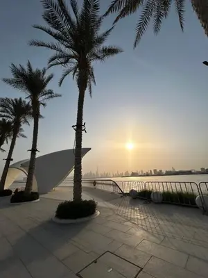 a group of palm trees on a walkway near the water at Stunning 1BR Apartment High floor Creek Harbour in Dubai