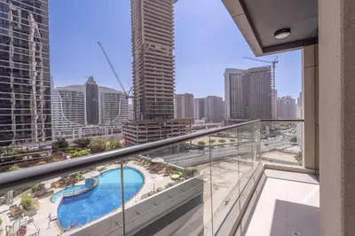 a balcony with a view of a city at Heaven Crest Vacation Homes Downtown - 3 Bedroom Suites 2 minute walk to Dubai Mall and Burj Khalifa in Dubai