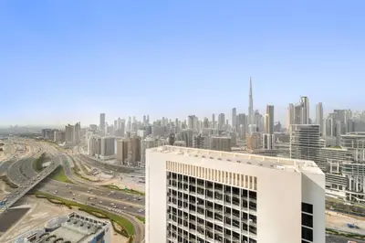 a view of the city from the top of a building at Elegant 1BR with Panoramic Views on Burj Khalifa in Dubai