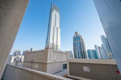 a view of a building in a city with tall buildings at Modern Studio I Boulevard View I Downtown Dubai in Dubai