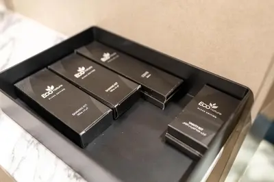 a black keyboard with four pieces of chocolate at Aykon City Tower I Birds Eye View in Dubai