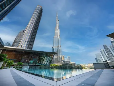 a view of the shard from the city of london at EMAAR GRANDE - Elegant 1 Bedroom Apartment - Infinity Pool - 1min to Dubai Mall and Burj Khalifa in Dubai