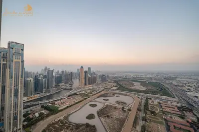 an aerial view of a city with tall buildings at Sea & Sunset View 2Bhk 5pax in Dubai