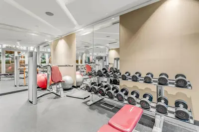a gym with a row of dumbbells at LUX Apt 5 min away from Burj Khalifa & Dubai Mall in Dubai