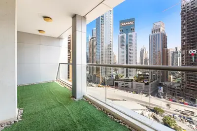 a balcony with a view of the city at Stunning 1 BR in JBR Dubai Marina The Walk in Dubai