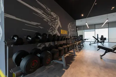 a row of dumbbells on a wall in a gym at Keyrock Living - Luxury Stay in Business Bay in Dubai