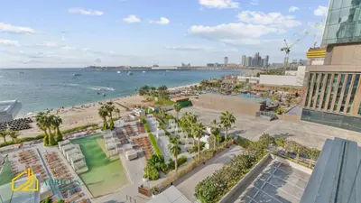 an aerial view of a beach and the ocean at Sea-view 2BD apt with private beach in La Vie in Dubai
