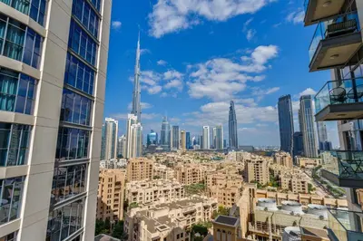 a view of a city with tall buildings at Burj Khalifa View - 1BR in Bellevue Tower 2, Downtown - Allsopp & Allsopp in Dubai