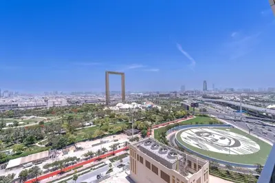 an aerial view of a city with a baseball field at Vogue Al Wasl 1 Residences Near Zabeel Park and World Trade Centre, Two Bedroom Apartment with Balcony offering Dubai Frame and City View, Access to all Amenities, Walkable to Max Fashion Metro Station in Dubai