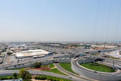 an overhead view of a highway with traffic at Keyrock Aykon Tower, Business Bay - Pool & Gym in Dubai