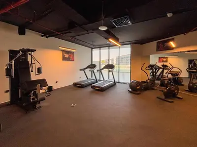 a gym with several treadmills and exercise bikes at Frank Porter - Samana Golf Avenue in Dubai