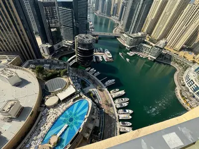 a view of a harbor with boats in the water at Stylish studio Located in JW Mariott Hotel Dubai Marina in Dubai