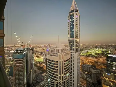 a view of a city with a tall building at Ocean Heights - One Bed with City View of Marina in Dubai