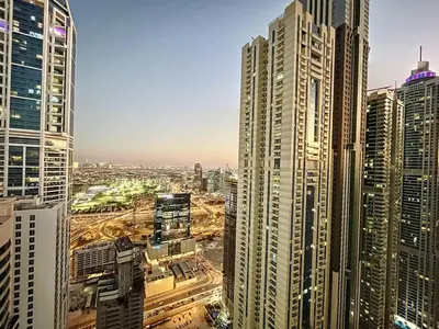 an aerial view of a city with tall buildings at Ocean Heights - One Bed with City View of Marina in Dubai
