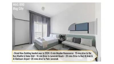 a poster of a bedroom with a bed and a couch at Brand New Studio 15 mins drive from Business Bay in Dubai