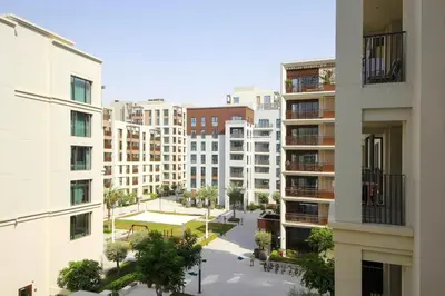 an aerial view of a city with tall buildings at Breeze haven residences- 2BHK brand new furnished apartment in Dubai