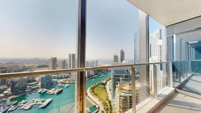 a view of a harbor from an office building at Vacationer I Luxury 2BR I Marina Views I Close to JBR Beach I Sparkle Tower in Dubai