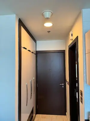 a hallway with a black door in a room at Bayz Business Bay Lux Studio with Resort Amenities in Dubai