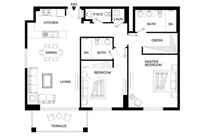 a black and white floor plan of a house at LUX The La Mer Luxury Burj View Suite 3 in Dubai