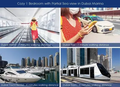 a collage of pictures of cars and a woman using a cell phone at One Bedroom Apt in Dubai Marina near beach Z1911 in Dubai