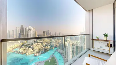 a room with a view of a city at Best 2 bedroom Direct Burj Khalifa Downtown View in Dubai