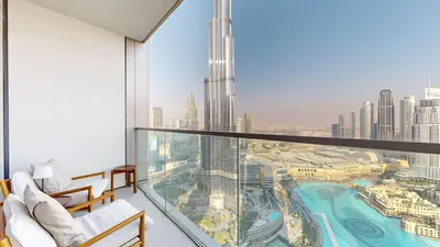 a room with a view of a city at Best 2 bedroom Direct Burj Khalifa Downtown View in Dubai