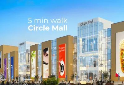 a rendering of a building with the words min walk circle mall at SettlerHomes - Serene JVC 1BR With Modern Luxury in Dubai