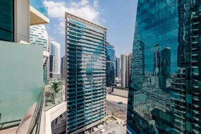 a view of a city skyline from a building at Convenient 1BR apartment in Business Bay in Dubai
