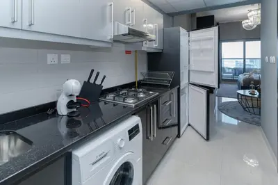 a kitchen with a stove top oven next to a dishwasher at Modern furnishing City Centre Super speed wifi in Dubai