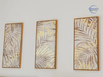 two framed glass panels with palm leaves on a wall at Relaxing Beach Escape in JBR in Dubai