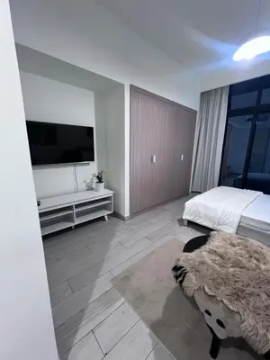 a bedroom with a bed and a flat screen tv at Azizi riviera in Dubai